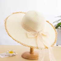 Sombrero de Protección Solar para Playa y Exteriores, Bordado a Mano, a Rayas, Ajustable, de Rafia, con Encaje, Elegante, Estilo Francés