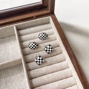 S925 Sterling <b>Silver</b> Checkerboard <b>Stud</b> <b>Earrings</b> For Women Geometric Design Everyday Wear Bezel Setting - Product Image 2