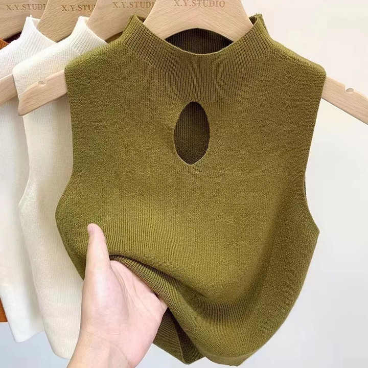 RNSHANGER Fashion Half Turtleneck Hollow Out Knitted Tank Top Summer