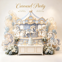 Décor de fête d'anniversaire pour enfants : Ensemble de toile de fond moderne en panneau KT imprimé numérique avec motif carrousel et ballons pour une ambiance douce
