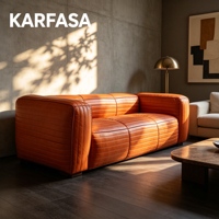 Canapé 3 places en cuir orange brûlé, capitonné, profil bas, style moderne, pour salon, avec pieds en bois