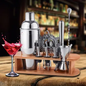 Ouyada nhà máy tre gỗ chủ Khung thanh công cụ bartender Kit 700ml thép không gỉ Cocktail Shaker barware Set với đứng