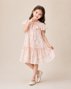 Elegant <b>Blush</b> <b>Pink</b> Floral Girls' Dress with Statement Bow-<b>Tie</b> Collar and Ruffles for Spring - Product Image 2