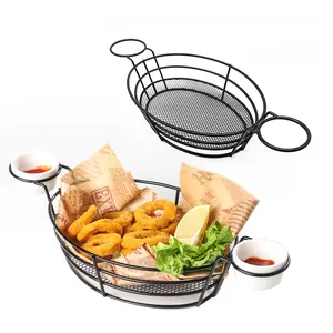 Chip kentang goreng udang Wedges ikan penggorengan Perancis melayani keranjang pemegang logam jari makanan keranjang kentang goreng dengan Dipping piring