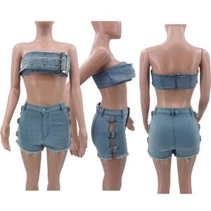 Women's New Sexy <b>Wrapped</b> Chest Hot Drilling <b>Stretch</b> Shorts Denim 2 Piece Set Fashion - Product Image 6