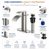 Robinet de lavabo élégant en acier inoxydable nickel brossé, à levier unique, avec bec cascade haut cylindrique et siphon escamotable