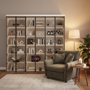 XHA Oak <b>Solid</b> <b>Wood</b> Modern Large Capacity Five-Tier <b>Bookcase</b> Display Cabinet Curved Glass Doors Custom-Made Wall-Mounted - Product Image 1