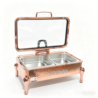 Plat à réchaud Liyunda en acier inoxydable 304 de luxe, or rose, 6L, à fond carré martelé, avec couvercle hydraulique, pour buffet, traiteur et hôtel