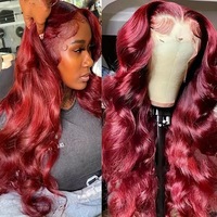 Perruque bouclée bordeaux transparente à dentelle frontale, style européen et américain, ondulée et tendance