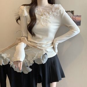 Dames 3D Bloemmotief Mesh Kraag Geribbelde Top Lange Mouw Slim Fit Casual Blouse T-Shirt Sehe Fashion - Product Image 3