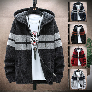 Cardigan da Uomo con Cerniera, Maglione a Righe a Maniche Lunghe, Giacca con Cappuccio a Collo Tondo, Maglione Jacquard da Uomo - Product Image 2