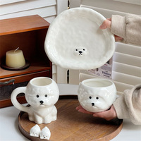OEM ODM Nouveauté Mignonne Collection de Vaisselle en Céramique Bichon Frisé, comprenant Bols et Assiettes avec Support pour Baguettes, Motifs de Dessins Animés, Idéale pour Offrir