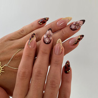 24 faux ongles en acrylique faits à la main, forme amande, couvrance totale, design circulaire 3D, luxe, motif écaille de tortue Maillard