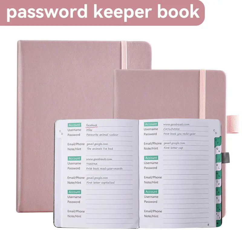 B6 Size password keeper book address notebook faux leather cover with index page pen insert and strap
