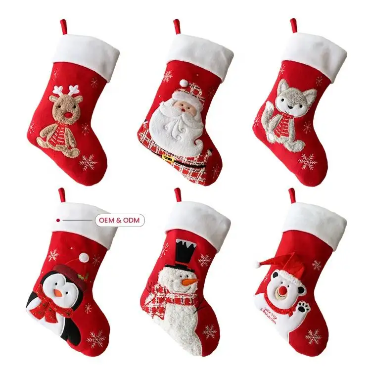 Custom Xmas Home Fireplace Decoration Cartoon Pattern Santa Claus Candy Bag Christmas Stocking For Embroidery