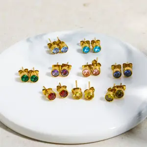 Bestone model terbaru batu permata baja tahan karat berlapis emas 18K bulat zirkon batu kelahiran anting Stud untuk wanita