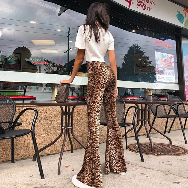 MENGMUGE patrón de leopardo pantalones de cintura alta ropa de las señoras de las mujeres de moda Casual Sexy Bell Fondo Pantalones para damas