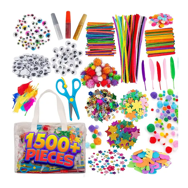 1500 adet DIY sanat zanaat setleri malzemeleri çocuklar işçiliği malzemeleri kitleri boru temizleyicileri-renk keçe-Glitter Poms-Tüy düğmeli