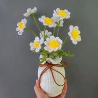 Buket Bunga Daisy Buatan Rajutan dalam Pot, Hiasan Benang Wol Buatan Tangan untuk Dekorasi Rumah, Hadiah Hari Ibu dan Hari Valentine