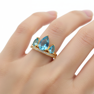 Promozione oro placcato tre pietre Design lacrima goccia zirconi cubici esagerato anello donna <span class=keywords><strong>cielo</strong></span> blu marrone CZ <span class=keywords><strong>gioielli</strong></span> di moda - Product Image 1