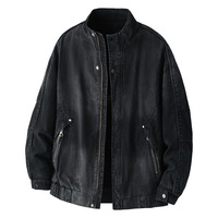 Veste en jean ample et délavée style vintage pour homme, col montant, fermeture éclair, dégradé de couleurs