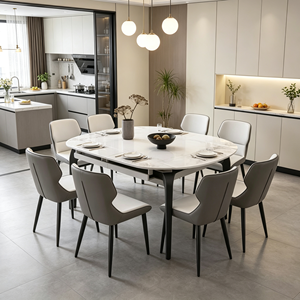 Ensemble de table à manger ronde moderne en marbre avec pieds en métal, capacité de 8 personnes, design minimaliste extensible, meubles pour la maison - Product Image 5