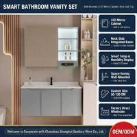 Meuble-lavabo mural en contreplaqué gain de place gris clair avec vasque en pierre frittée thermoformée, charnière à amortissement, miroir LED et étagère à 3 niveaux
