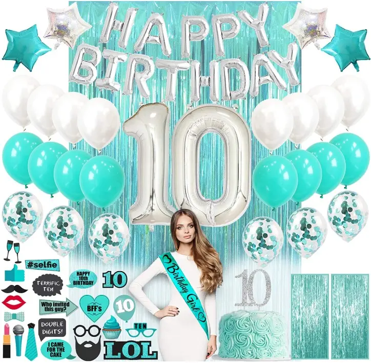 10th Birthday Party Supplies Decoração com Teal Turquesa 10 Foil Balões Confetti Balões 10 Year Old Girl Aniversário Foto adereços