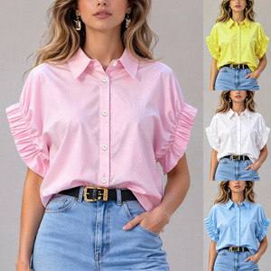 Hot Sale Women Lapel Blouse Loose Fit Ruffle <b>Flutter</b> Short <b>Sleeve</b> Casual Shirt Daily Ladies Collared <b>Top</b> - Product Image 1