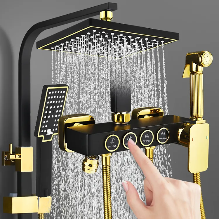 Banyo altın banyo lüks duş seti 4 fonksiyonları piyano pirinç duş seti termostatik otel için