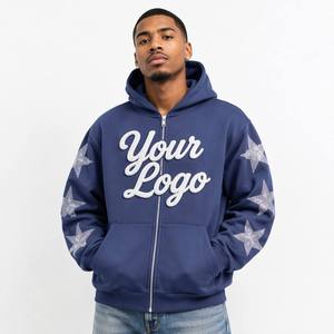 Sweat à capuche zippé bleu marine personnalisé pour homme, logo brodé, motif étoiles, coupe classique, streetwear décontracté, matière polaire - Product Image 1