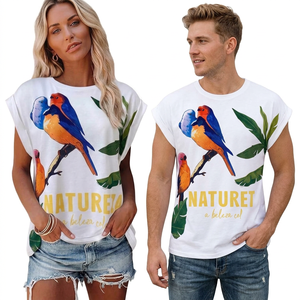 Camiseta unisex con estampado de pájaros coloridos, manga corta, cuello redondo, corte holgado, jersey de algodón, top informal de verano - Product Image 1
