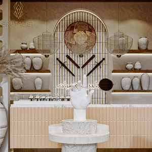 ออกแบบตกแต่งภายในร้านเสื้อผ้าสตรีสีทองแบบกำหนดเอง เคาน์เตอร์โชว์สินค้า เฟอร์นิเจอร์ตู้โชว์เครื่องประดับ โซลูชั่นครบวงจร สไตล์บรูทอลิสต์ - Product Image 4