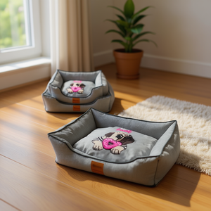 Set Letto per Animali Domestici in Lino Blu a Tre Pezzi, Design a Nido Quadrato con Finitura Dipinta Quadrata - Product Image 3