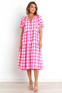 Personalizado Casual señoras cuello entallado <span class=keywords><strong>P</strong></span> manga corta escalonado con volantes suelto Gingham <span class=keywords><strong>Maxi</strong></span> vestido largo para las mujeres - Product Image 5