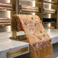 Nouveau Tissu de Luxe Respirant et Écologique en Dentelle Brodé Orange 100% Polyester, Dentelle Perlée Lourde, Dentelle en Maille à Paillettes, Mousseline 3D
