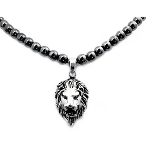 Mens Magnetic Hematite Therapy & Healing Stone Round Bead Necklace with Stainless Steel Lion Head Pendant
