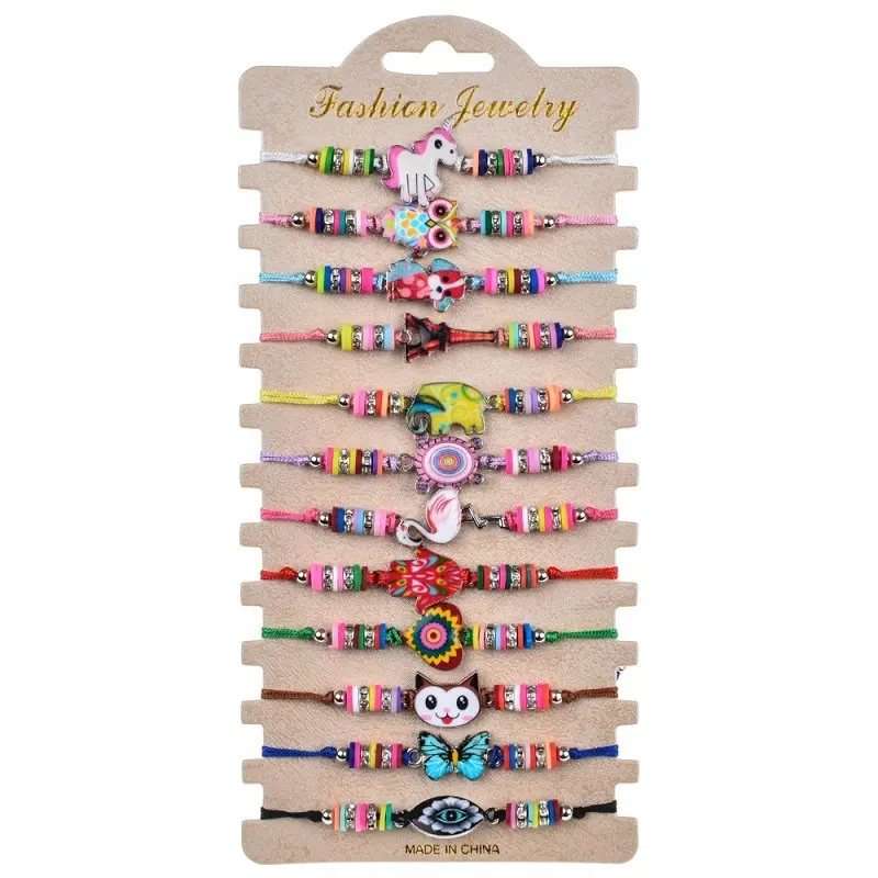 BSCI factory 12PCS bracciale mix colors polymer clay lovely cute printed pattern string knot bracciale