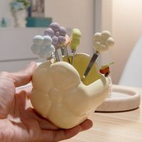 Ensemble de fourchettes à fruits en céramique motif tournesol créatif et pot de rangement décoratif, style luxe léger pour le thé de l'après-midi