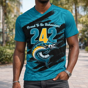 T-shirt <span class=keywords><strong>da</strong></span> uomo con scollo a V per il 7 agosto 2026, souvenir delle Bahamas, Giorno della Libertà, festa delle Bahamas, 53° anniversario dell'indipendenza, manica corta - Product Image 3
