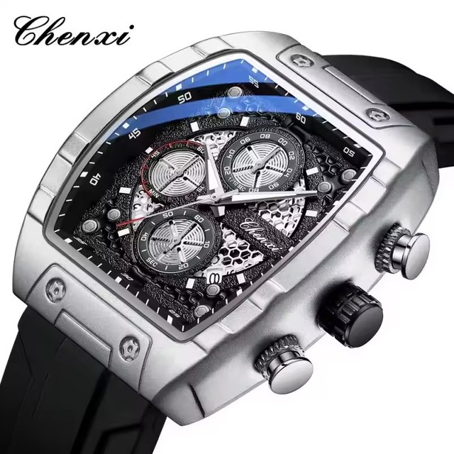 CHENXI Men's Luxury Sports Watch Rectangle 43mm Wristwatch with Black Silicone Strap Glass Dial Window Chronograph Quartz