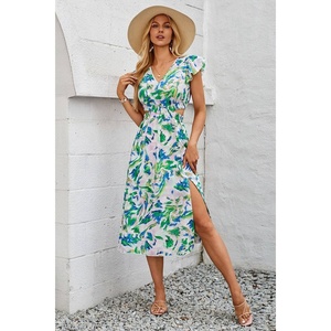 Ingrosso nuovo arrivo verde stampa digitale floreale elegante bella stampa croce elastica tagliata in vita <span class=keywords><strong>abito</strong></span> da donna - Product Image 2