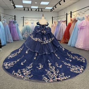 Vestido de Quinceañera Azul Marino y Dorado Dy1345 con Cuentas, Vestido de Fiesta de Cumpleaños, 100% Algodón Chifón, con Sujetador Incorporado, Maxi Vestido de Fiesta - Product Image 3