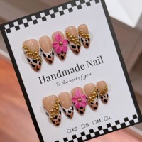 TSZS Ongles artificiels 3D incurvés en forme d'amande, faits à la main, à presser, peints à la main, motif léopard, à pois, réutilisables pour femmes