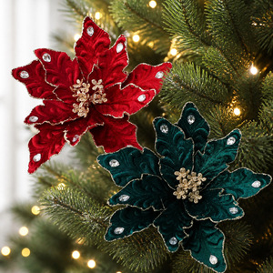 Ornement de fleur de Noël en velours LINGKAI, poinsettia, bordure en strass scintillante, fleur artificielle pour arbre de Noël, décoration de fête - Product Image 2