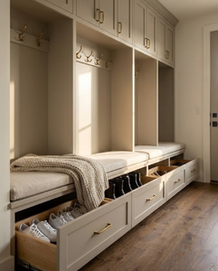 Cbmmart Mudroom su Misura con Ganci a Tutta Lunghezza, <span class=keywords><strong>Panca</strong></span> Imbottita, Cassetti Portascarpe, Elegante Spazio di Archiviazione Superiore con Ferramenta in Ottone - Product Image 6