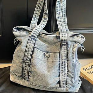 Sac à main bandoulière en jean grande capacité, élégant et durable, style vintage, avec poche, vente en gros - Product Image 2