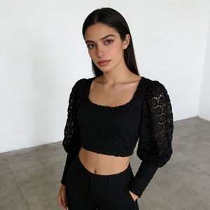 OUDINA Promo Spesial Atasan Wanita Model Prancis Kasual Bordir Kerah Bulat Lengan Panjang Crop Top - Product Image 2