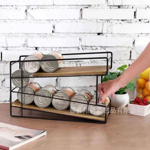 Wooden <b>Desktop</b> <b>Shelf</b> Iron And Wood Combination Double Layer Storage Rack For Kitchen Can Organizer - Product Image 3