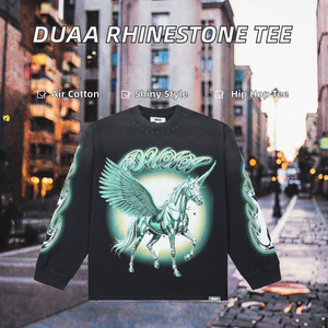 DUAA <b>Hip</b> Hop Print Long Sleeve Rhinestone Oversized Men's T-Shirts Pure Cotton 2026 New - Product Image 2